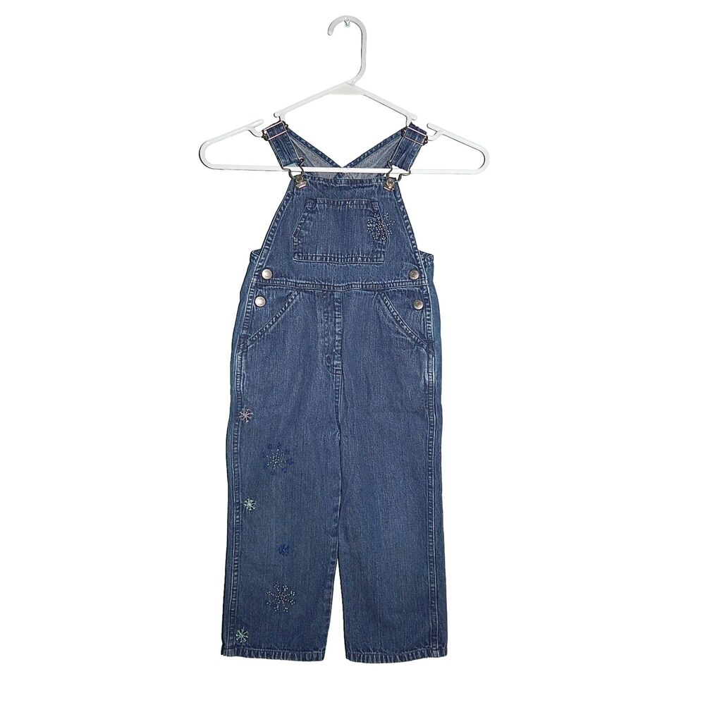 Old Navy toddler girls 3T blue jean denim overalls with snowflake embroidery